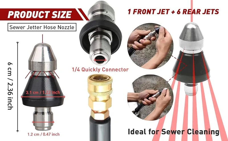 Sewer Cleaning Tool Pipe Unclogger Nozzle 1/4 Quick Connector Pressure Washer Sewer Jetter Nozzle for Drain Jetting Hose 5000PSI