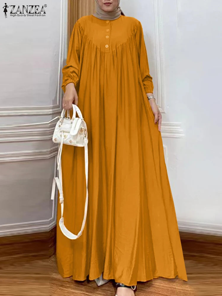 ZANZEA Women Muslim Maxi Long Dress Dubai Turkey Abaya Hijab Sundress Robe Femme Fashion Long Sleeve Vestidos Islamic Clothing
