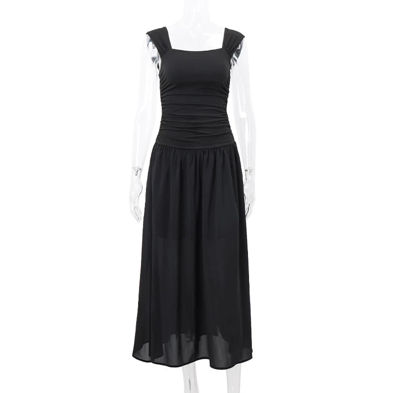 WhereMery Elegant Slip Long Dresses Sexy Women Ruched Bodycon Solid Maxi Dress Spring Y2K Summer Temperament High-waist Vestidos