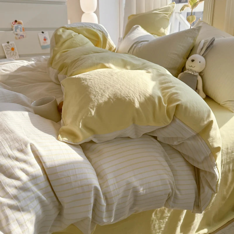 Washed Cotton Duvet Cover Set Quilt Set Ins Nordic Minimalist Style Grey Strip Bed Set Home Textile Bedding Set Bed Sheets 2025