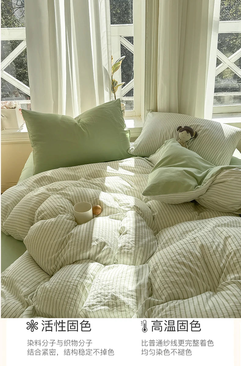 Washed Cotton Duvet Cover Set Quilt Set Ins Nordic Minimalist Style Grey Strip Bed Set Home Textile Bedding Set Bed Sheets 2025