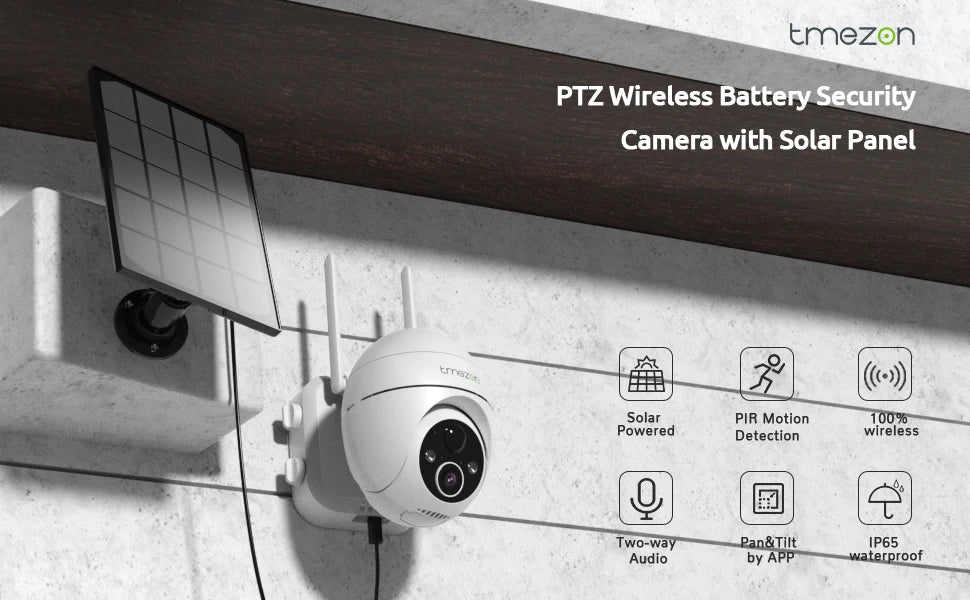 TMEZON Solar Surveillance Camera Outdoor Battery, 2K Wireless PTZ WLAN IP Camera Outdoor Solar Camera with Colour Night Vision