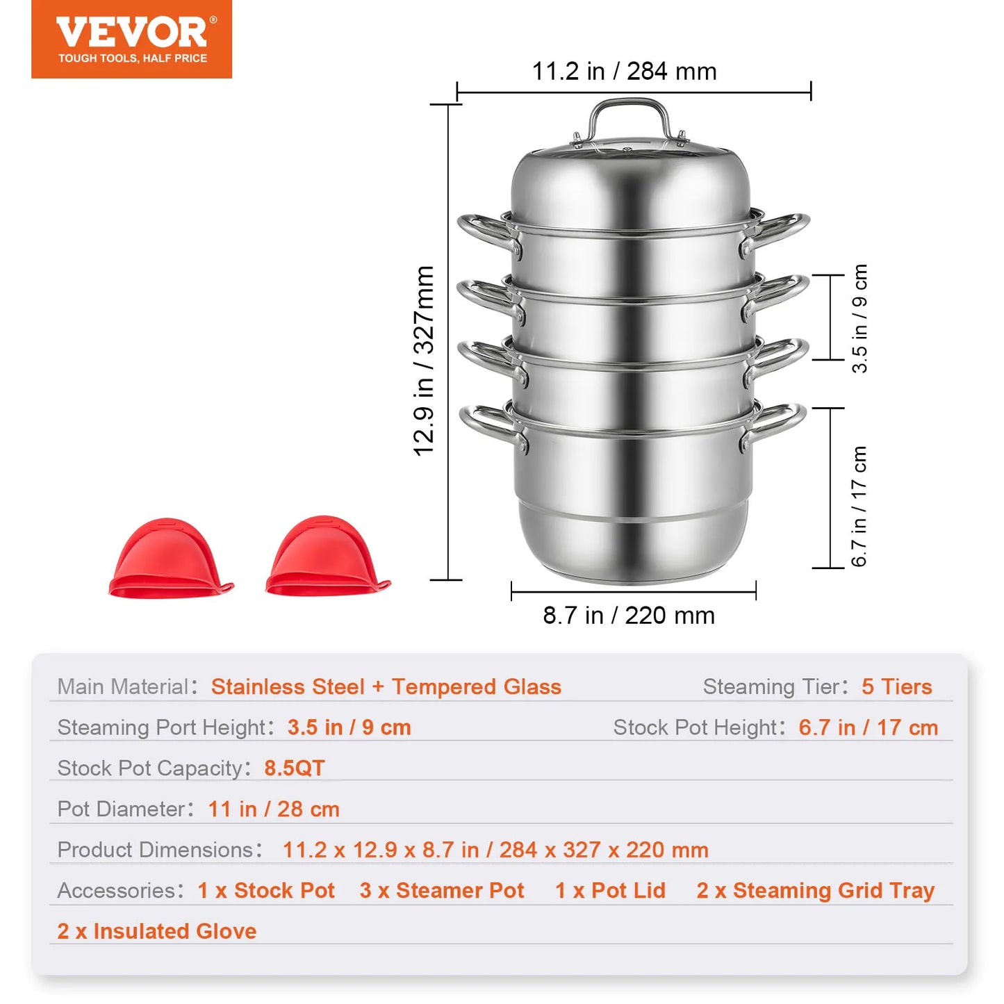 SucceBuy 5 Layer Food Steamer 28-30cm Stainless Steel Stock Pot for Home Steaming Dumplings Vegetables Rice Cooking Steamed Dish