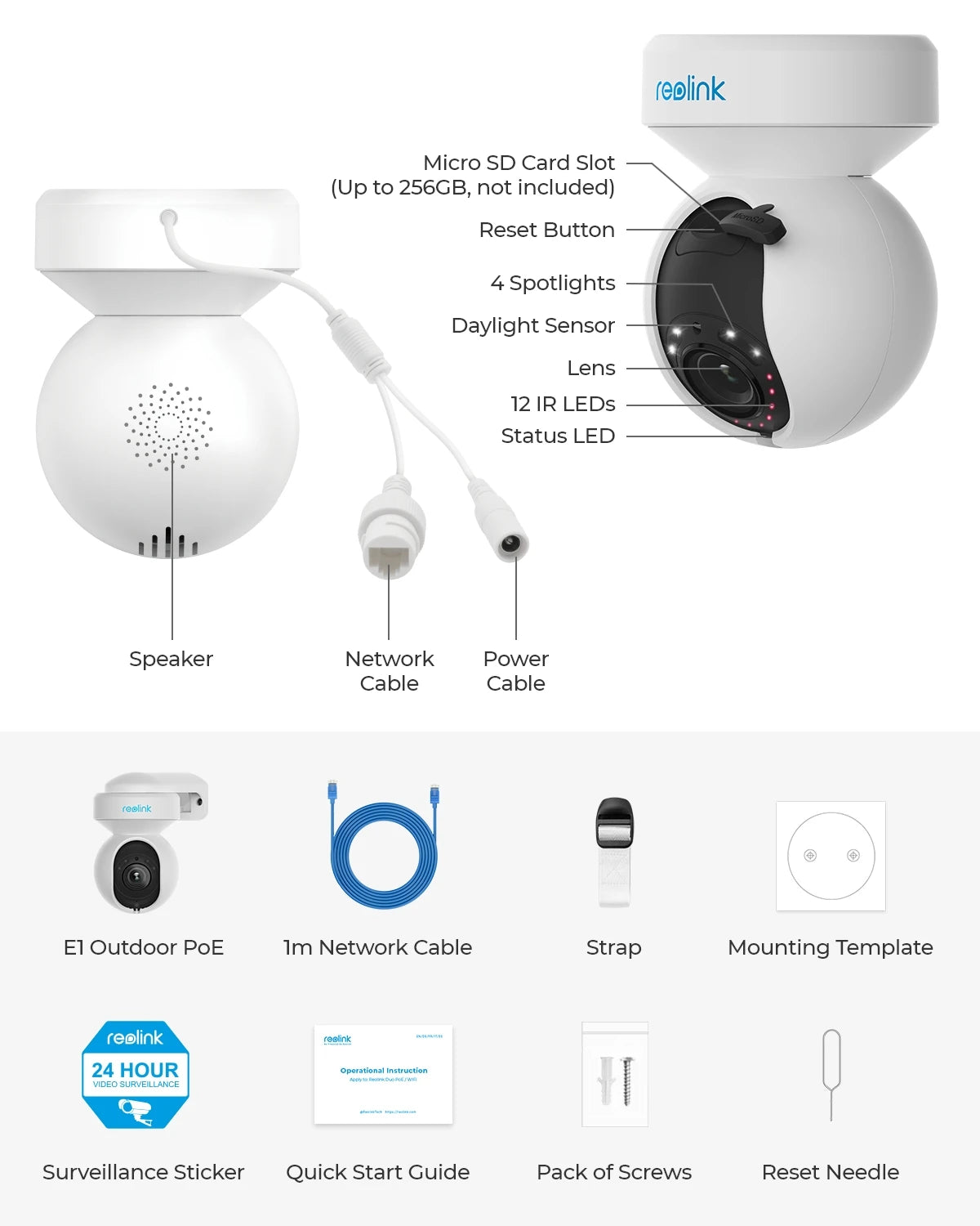 Reolink E1 Series Outdoor 8MP WiFi Camera 4K PTZ PoE Security Cam Smart AI Human Detection Auto Tracking Surveillance Camera