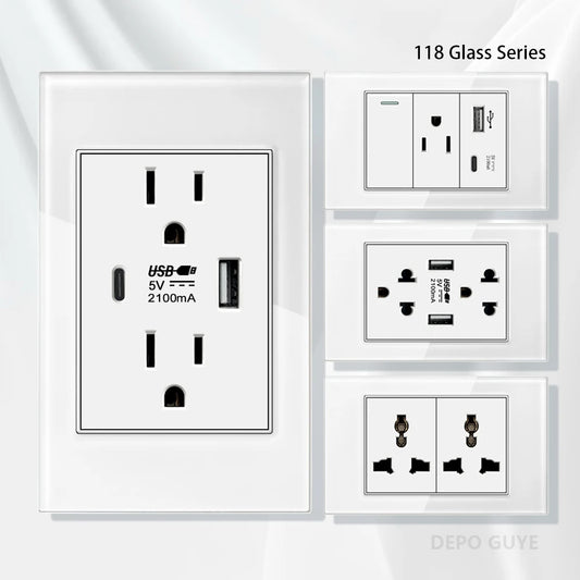US Wall Switch Power Socket with USB Type-c Quick Charger,American Mexico White Tempered Glass Plug Outlet,Light Switch Panel
