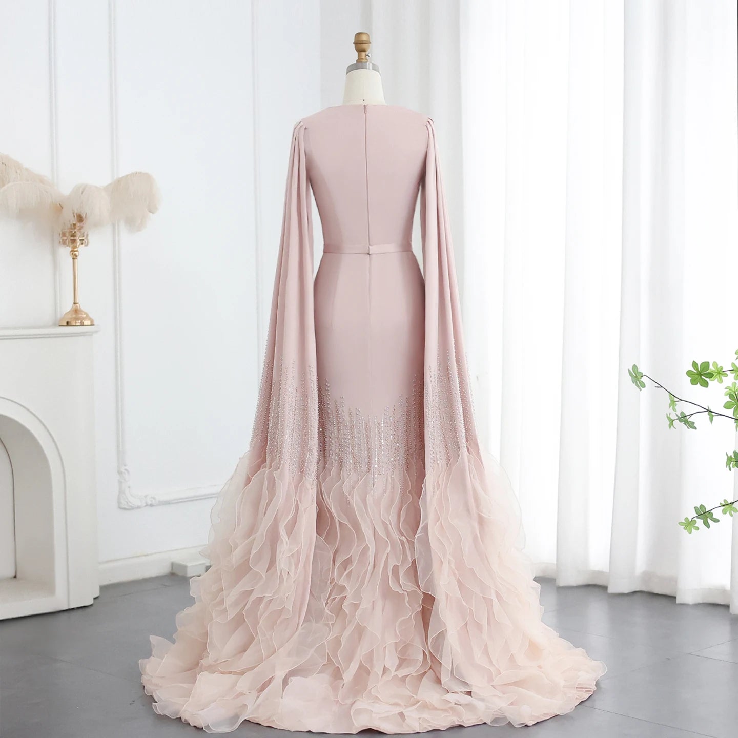 Sharon Said Luxury Dubai Nude Evening Dresses with Cape Sleeves Tiered Ruffles Arabic Women Wedding Party Gowns SS440 Customized