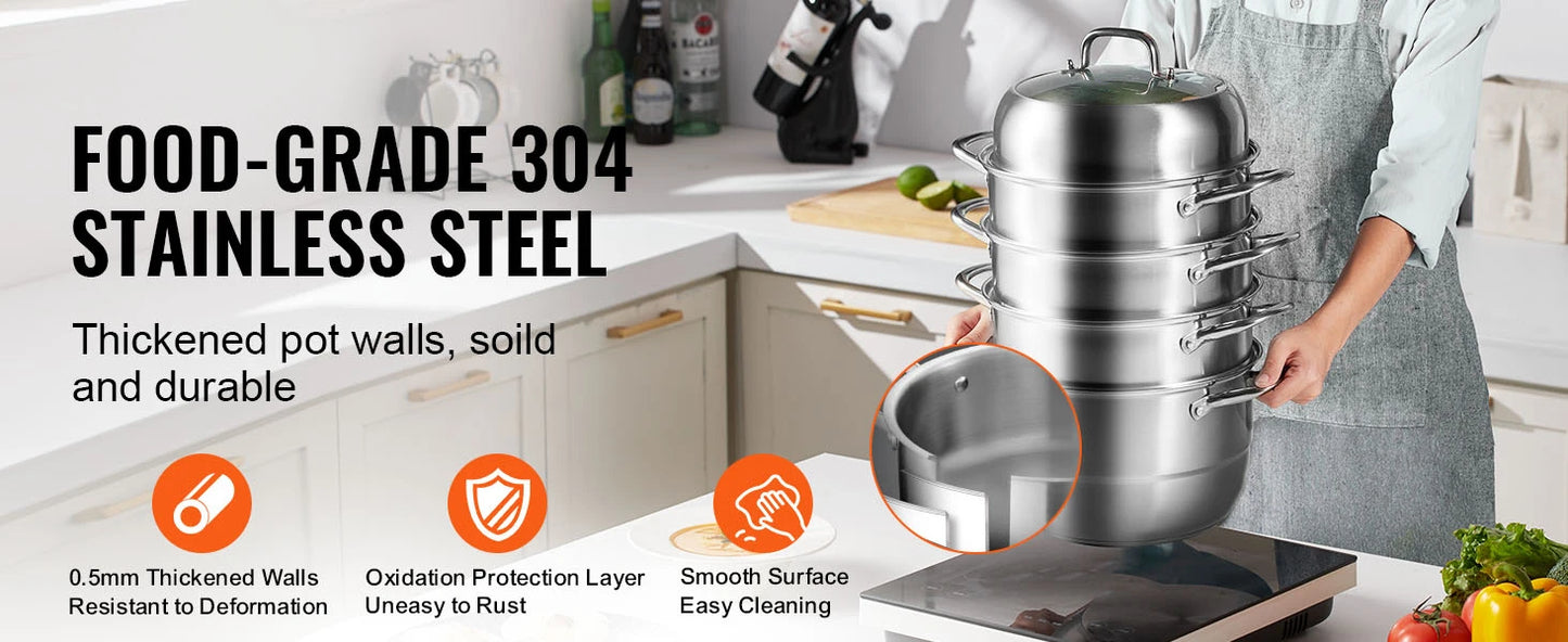 SucceBuy 5 Layer Food Steamer 28-30cm Stainless Steel Stock Pot for Home Steaming Dumplings Vegetables Rice Cooking Steamed Dish