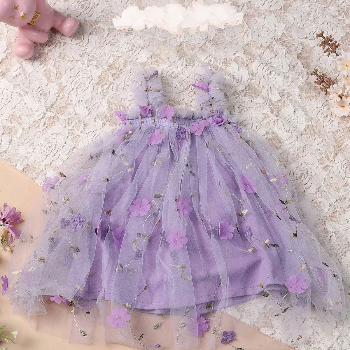 Toddler Baby Girls Tutu Dress Sleeveless Embroidery Floral Print Tulle Dress Little Girl Princess Dresses with Flower Headband