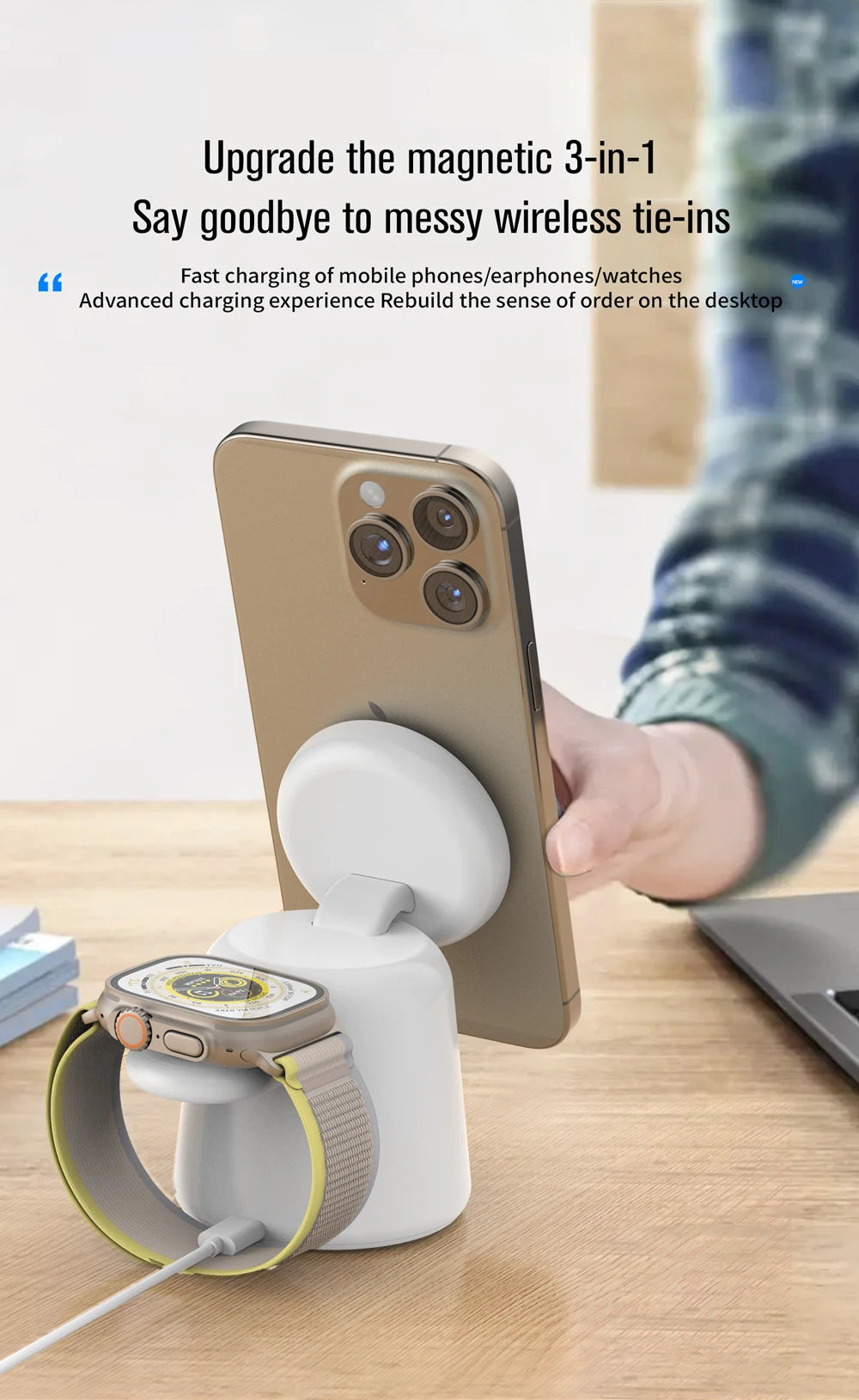 3 in 1 Magnetic Wireless Charger Stand Foldable for iPhone 15 14 13 12 Pro Max Airpods IWatch 9 8 7 6 Fast Charging Dock Station