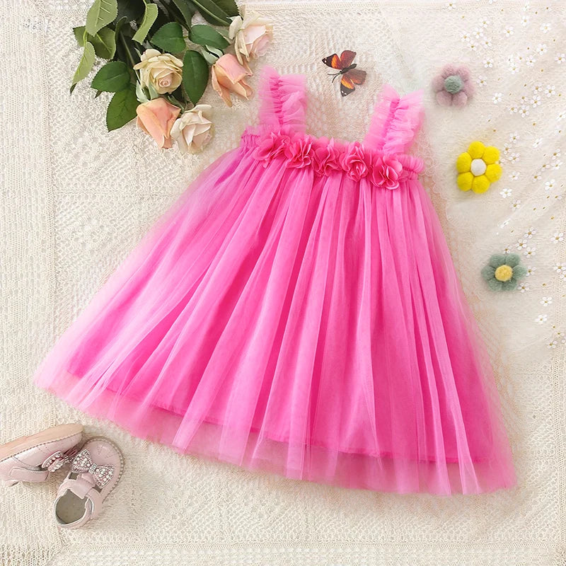 Toddler Girls Princess Dress Children Rainbow Sleeveless Tulle Dress Summer New Baby Birthday Party Vestido Sweet Casual Clothes