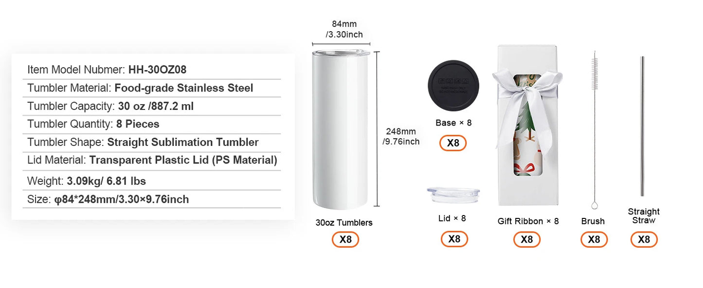 SucceBuy 8/12/14/16/24/50PC Straight Sublimation Tumblers Blank Tumbler Bulk Stainless Steel Double Tumbler Cups Heat Transfer