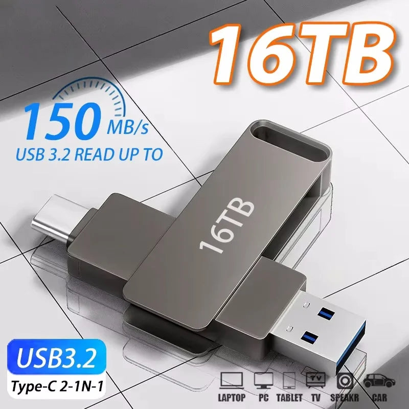 16TB Flash Drive USB 3.2 Super High Speed Transfer Metal Mini U Disk Pen Drive Type C Memory Waterproof Disk SSD U Drive