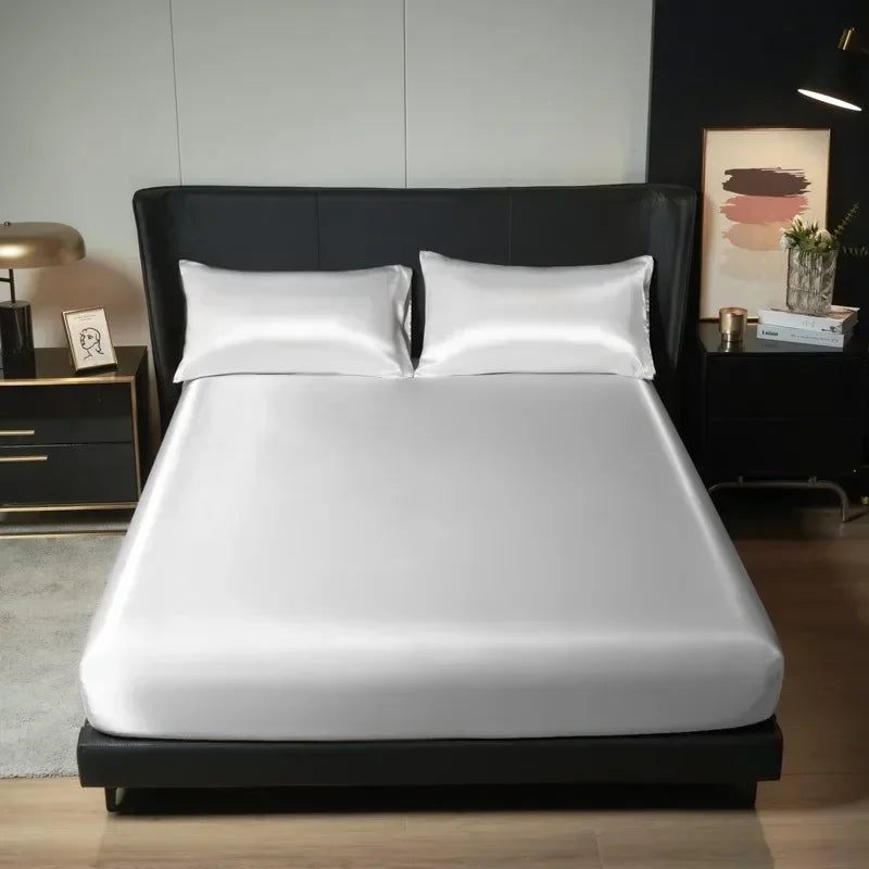 Solid Color Satin Surface Fitted Sheet 1PC Queen Size Bed Sheets 100/120/150/180/200cm Sheet with Elastic Band (No Pillowcase)