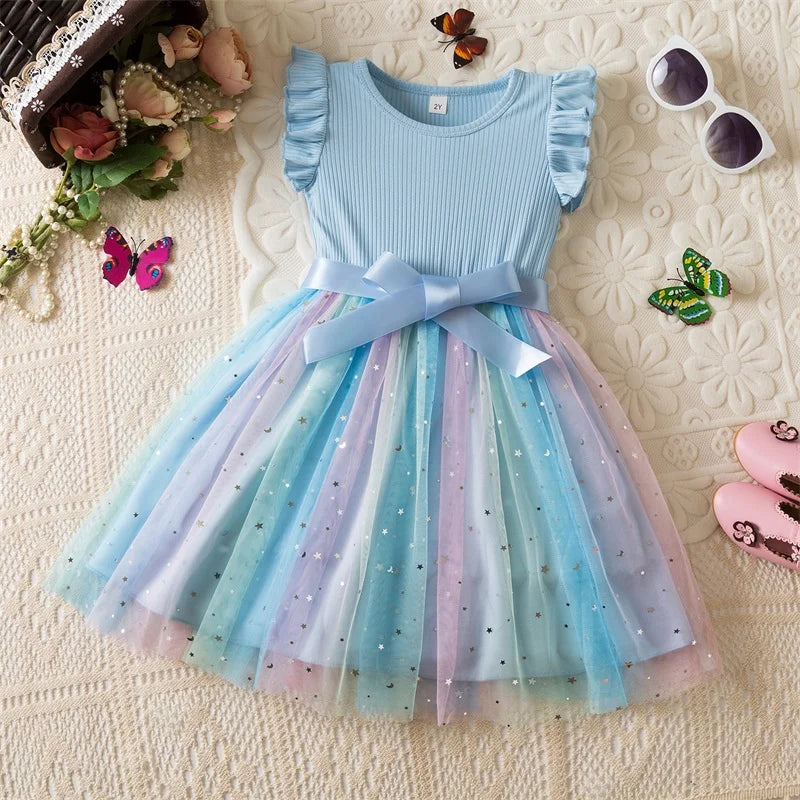 Toddler Girls Princess Dress Children Rainbow Sleeveless Tulle Dress Summer New Baby Birthday Party Vestido Sweet Casual Clothes