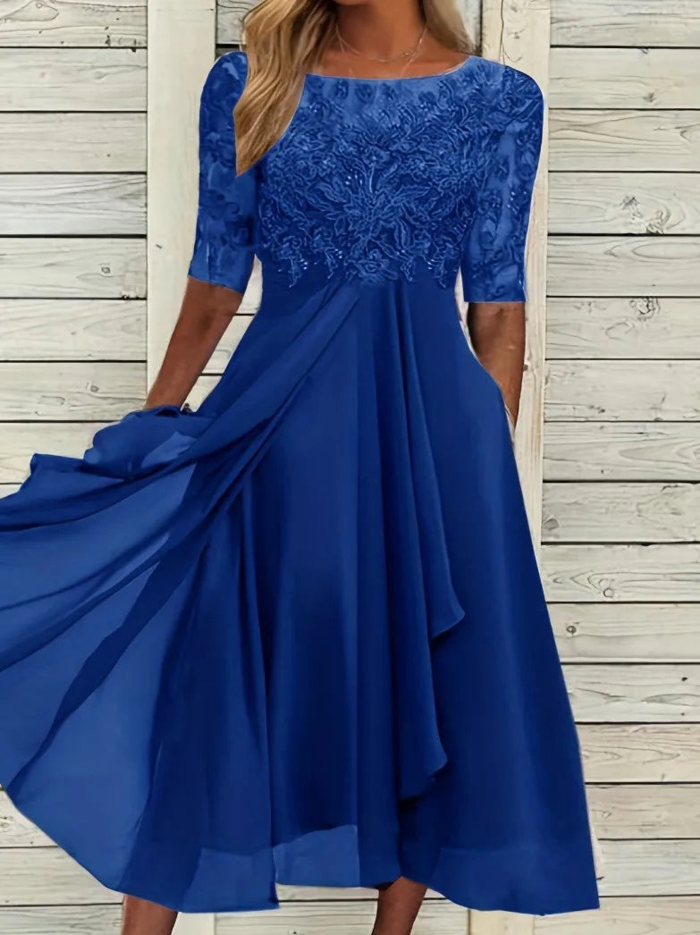 Womens Dresses Romantic Simple Dress With Chiffon Patchwork Lace Hollow Out Long Dress Bridesmaid Evening Dress Women's Wear