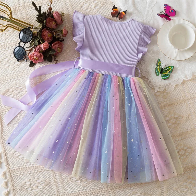 Toddler Girls Princess Dress Children Rainbow Sleeveless Tulle Dress Summer New Baby Birthday Party Vestido Sweet Casual Clothes