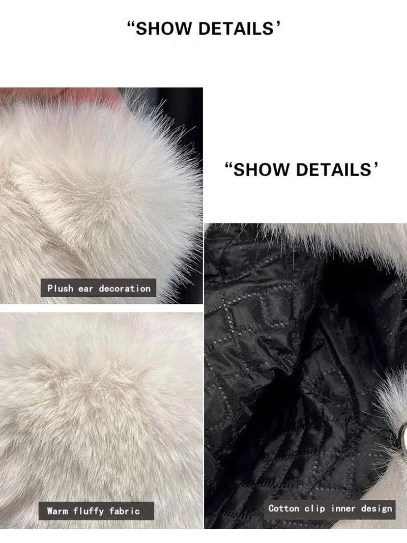 Women Winter Warm Kawaiyi Fox Fur Imitation Mink Plush Hat Thickened Cute Bear Ear plush Lei Feng hat Ear Protection Cosplay Cap