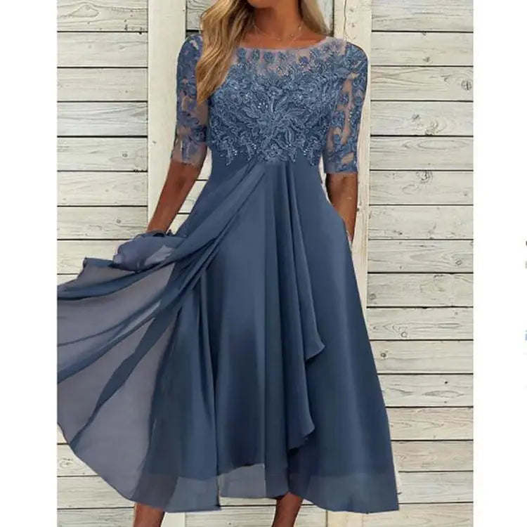 Womens Dresses Romantic Simple Dress With Chiffon Patchwork Lace Hollow Out Long Dress Bridesmaid Evening Dress Women's Wear