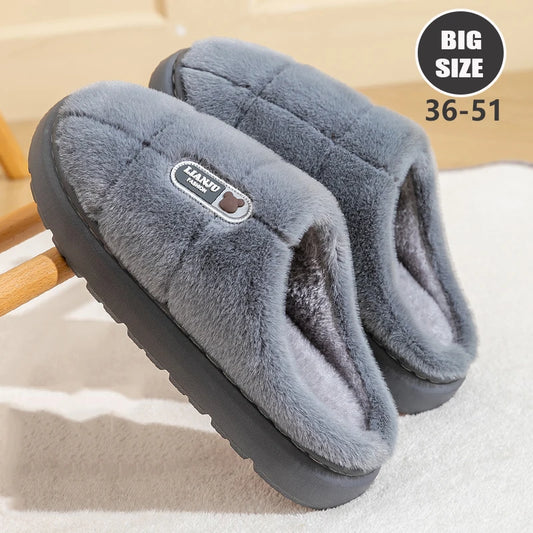 Big Size 50 51 Winter Slippers Women Men Thick Sole Indoor Home Warm Couples Shoes Non-Slip Flat Platform Women's Cotton Slipper - Belvar