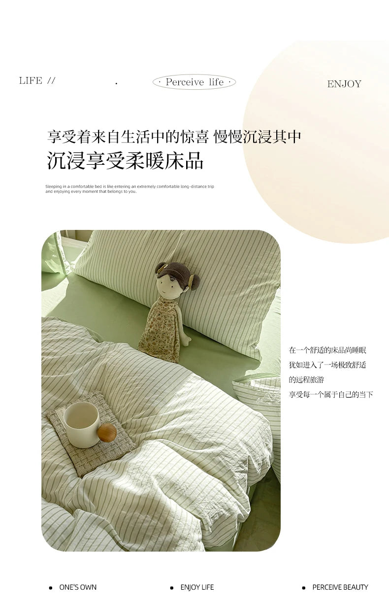 Washed Cotton Duvet Cover Set Quilt Set Ins Nordic Minimalist Style Grey Strip Bed Set Home Textile Bedding Set Bed Sheets 2025