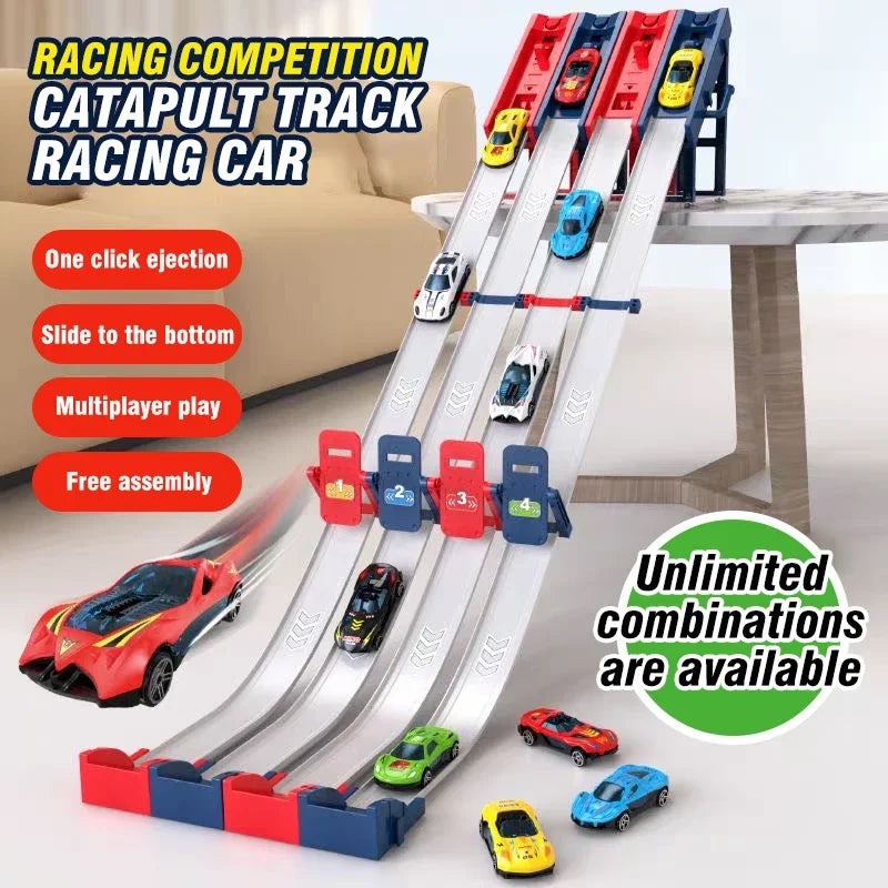 Rail Car Track with Racing Track Racing Set Toy Vehicle Alloy Car Kids Catapult Car Competitive Play Game for Children Gift DIY