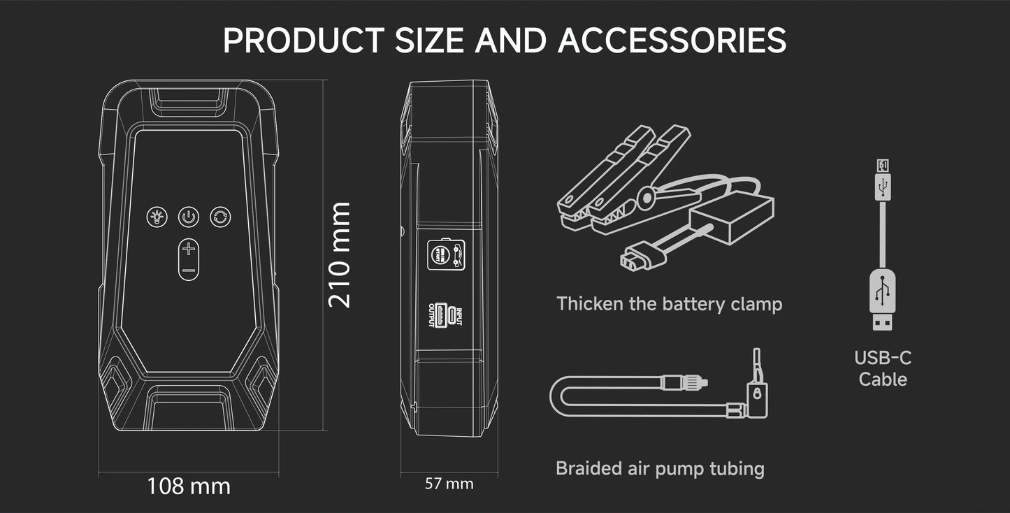 2000A Car Jump Starter Air Pump Multi-Function 4 In 1 Air Compressor Power Bank Car Battery Starter Starting Auto Tyre Inflator