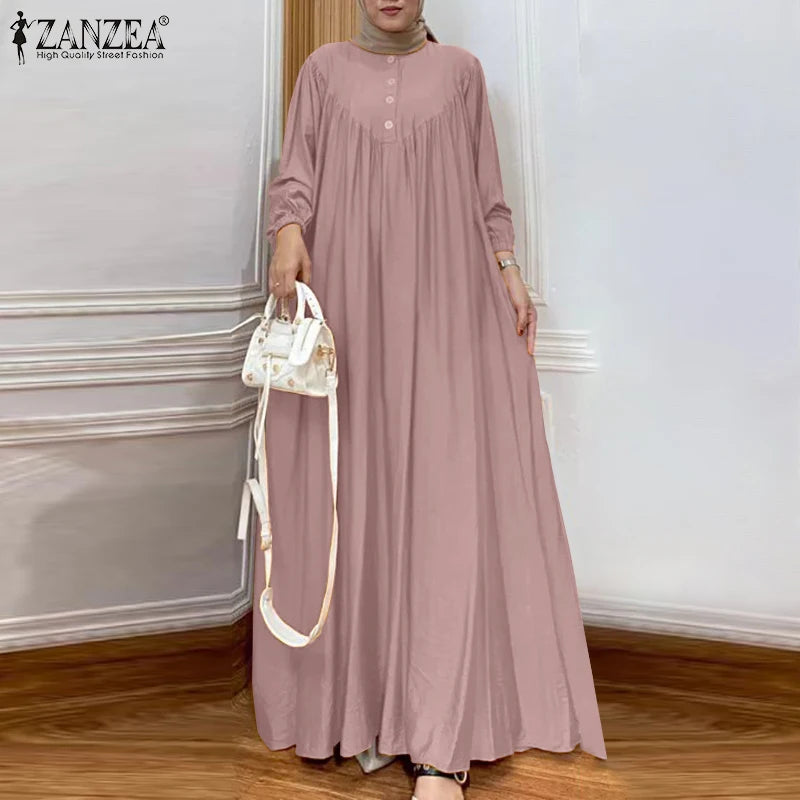 ZANZEA Women Muslim Maxi Long Dress Dubai Turkey Abaya Hijab Sundress Robe Femme Fashion Long Sleeve Vestidos Islamic Clothing