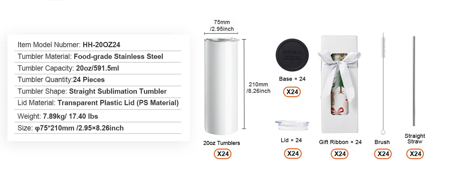 SucceBuy 8/12/14/16/24/50PC Straight Sublimation Tumblers Blank Tumbler Bulk Stainless Steel Double Tumbler Cups Heat Transfer