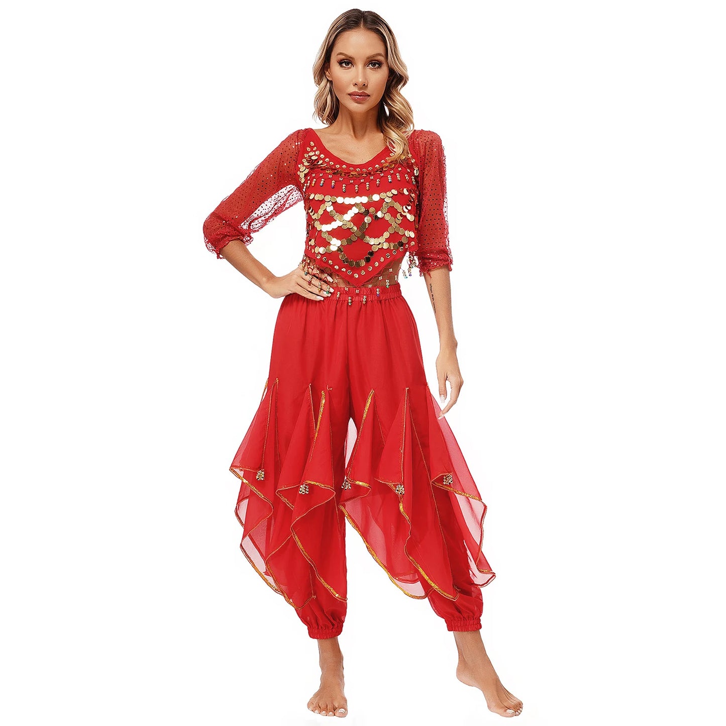 Womens Indian Belly Dance Performance Costume Sequined Long Sleeve Chiffon Tops Self-tie Back Irregular Hem Crop Top with Pants