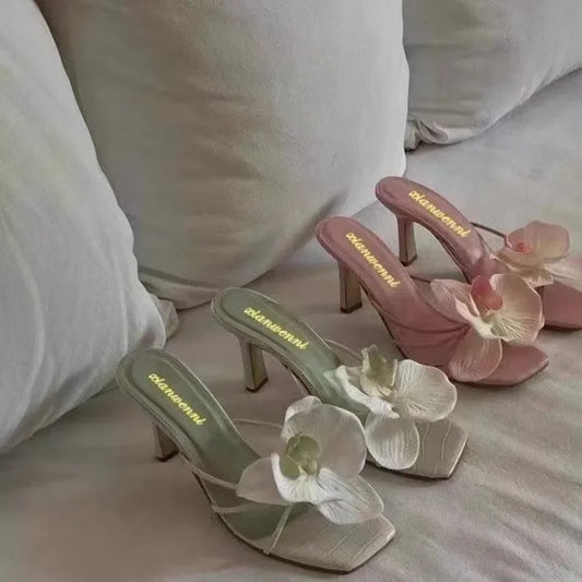 Brand Shoes Female 2025 Summer New Elegant Flowers Design Women's Slippers Casual Fashionable Outer Wear High Heel Slides Women - Belvar