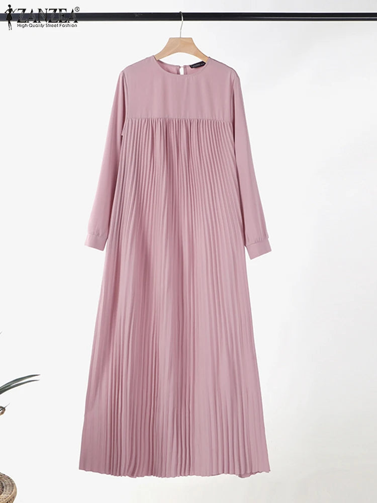 2025 ZANZEA Muslim Abaya Hijab Dress Women Elegant Long Sleeve Pleated Sundress Fashion Casual IsIamic Clothing Dubai Maxi Robe