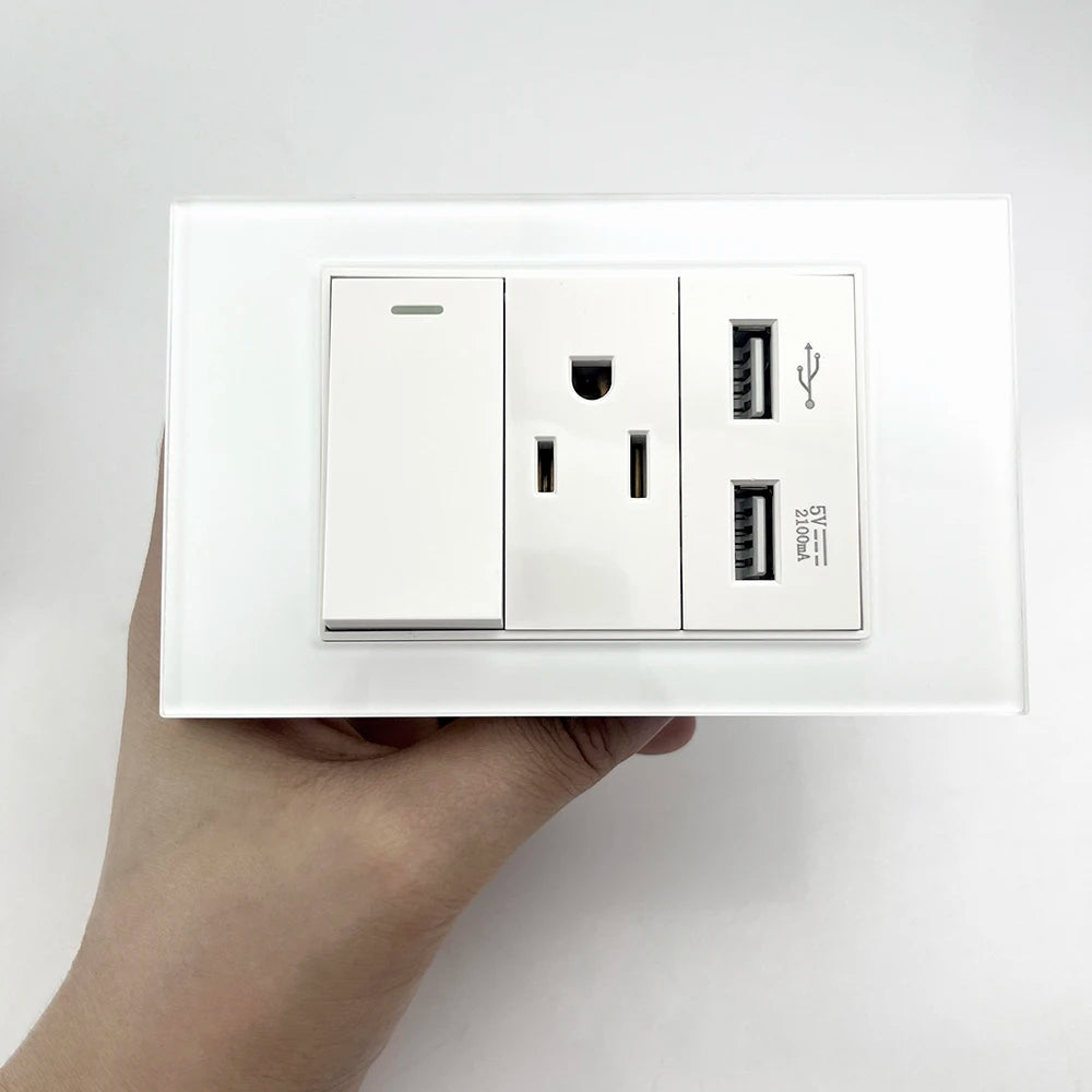 US Wall Switch Power Socket with USB Type-c Quick Charger,American Mexico White Tempered Glass Plug Outlet,Light Switch Panel