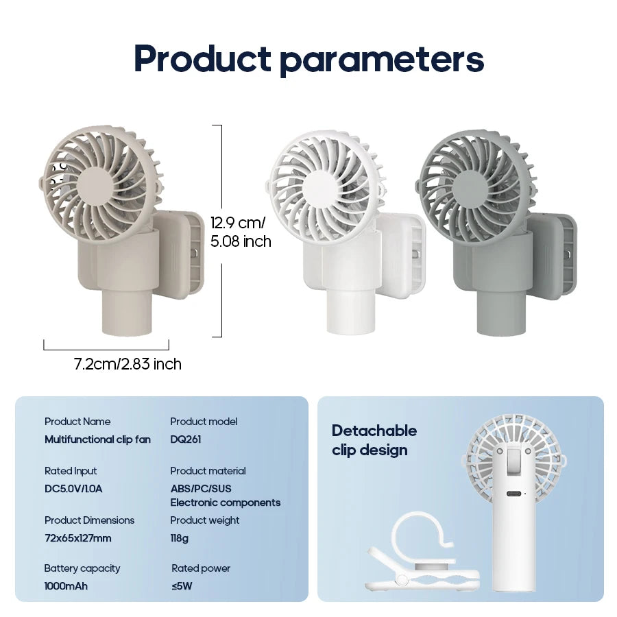 Portable Multifunctional Mini Clip Fan USB Rechargeable 1000mAh 3 Wind Speeds Adjustable Silent Handheld Fan for Travel Umbrella