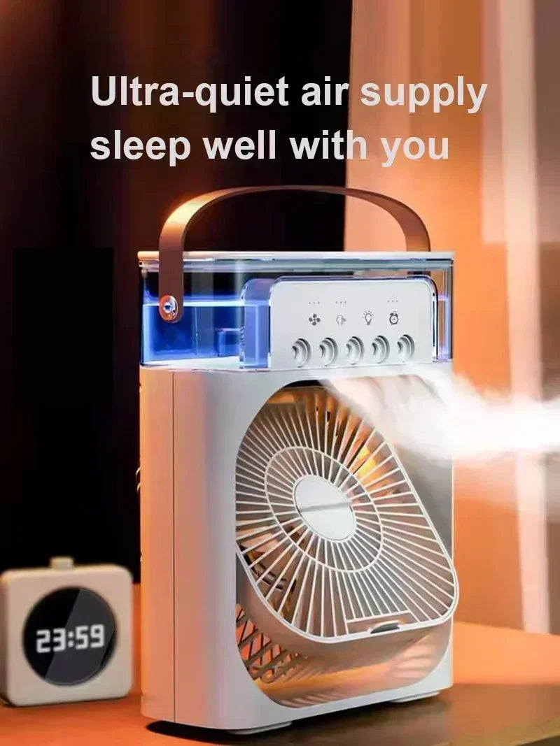 3 in 1 Mini Portable Cooling Fan with USB Charging Water Mist Air Conditioner LED Night Light for Home Office Desk Humidifier