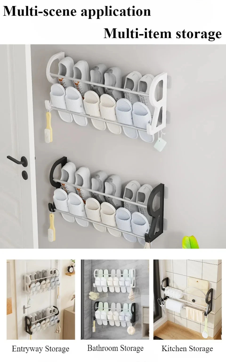 Wall Mounted Shoe Rack Simple Bathroom Slipper Rack Multi-functional Nail Free Kitchen Rack Hole Free Door Back Shoe Rack