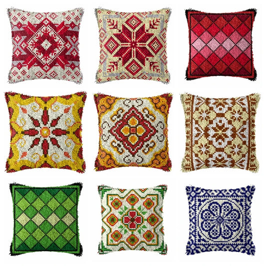 Smyrna Flower Latch Hook Kit Mats Cushion Pillow DIY Crafts Simple Cushion Embroidery Latch Hook Rug Needlework Button Packages