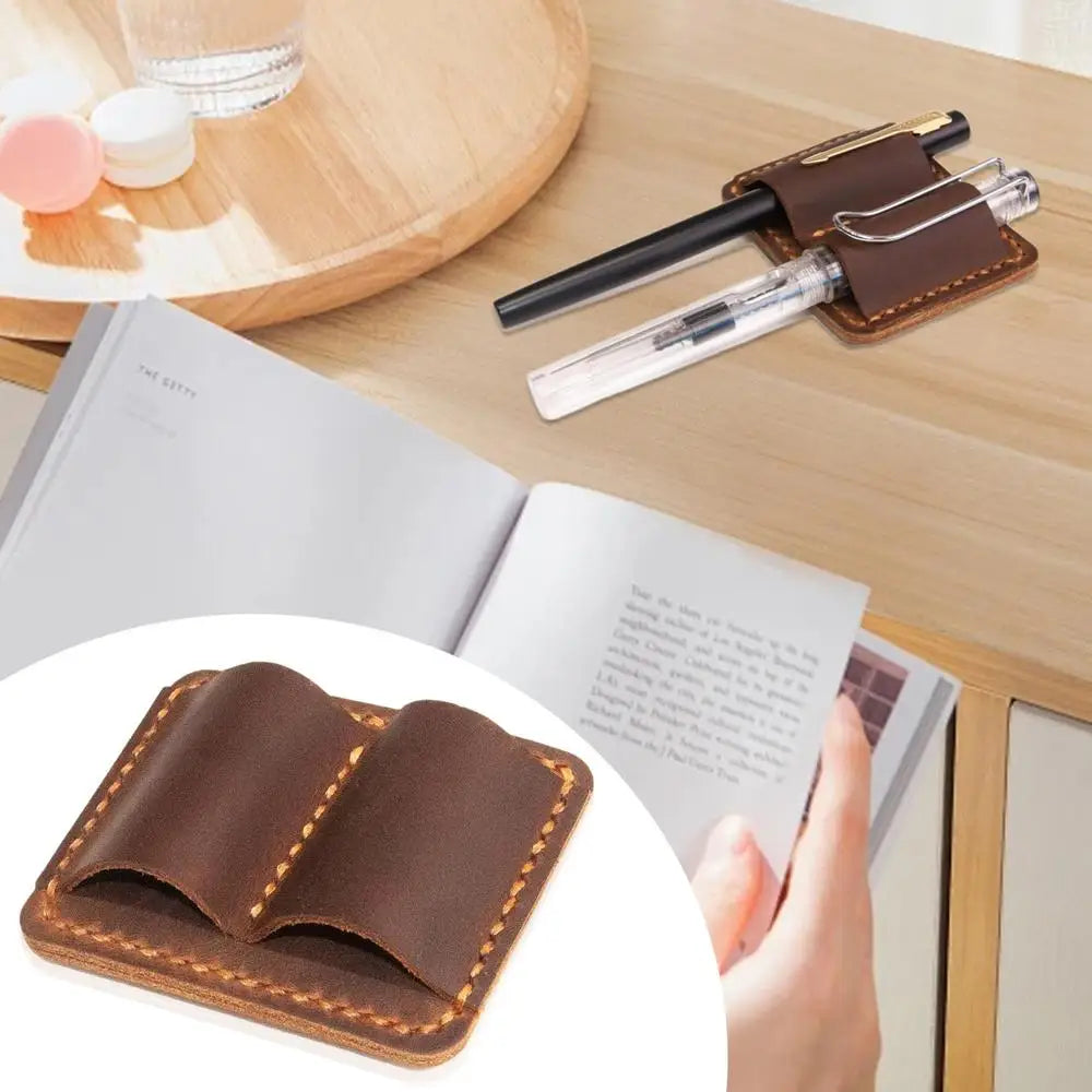 Retro Pen Pencil Holder Double Pen Clip PU Anti Lost Pen Organizer For Travel Notebook Pen Insertion Stainless Steel Pen Cover