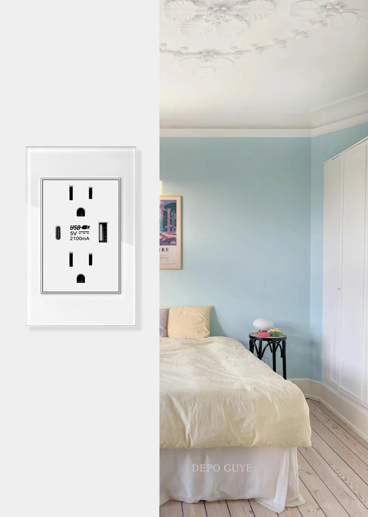 US Wall Switch Power Socket with USB Type-c Quick Charger,American Mexico White Tempered Glass Plug Outlet,Light Switch Panel