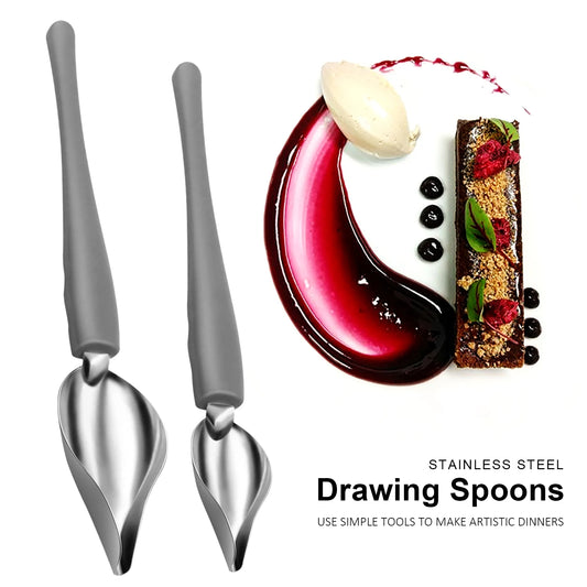 2PC Set Chef Pencil Sauce Painting Spoon Stainless Steel Cuisine Restaurant Western Food Baking Dessert Decor Art Draw Spoons