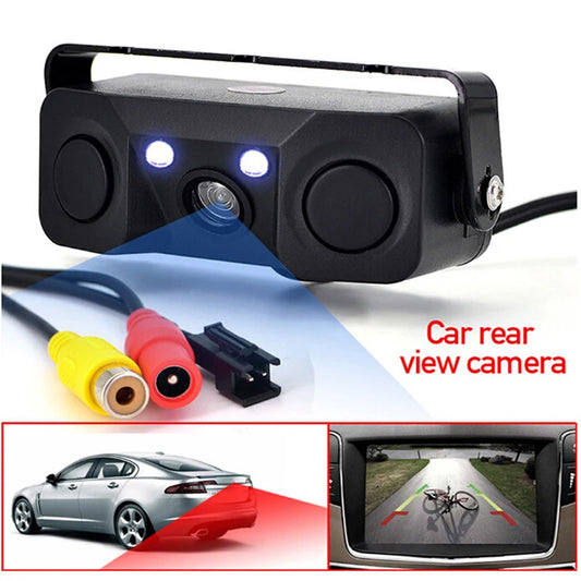 3 in 1 Car Parking Sensor Car Reverse Backup Rear View Camera with 2 Radar Detector Sensors Indicator Buzzer Alarm Car Camera