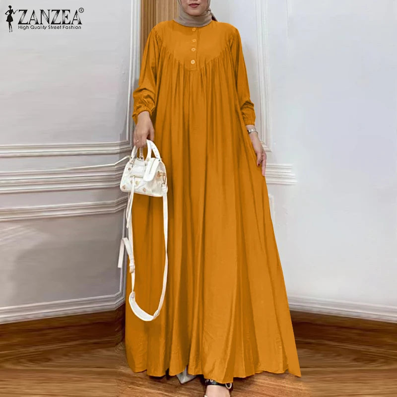 ZANZEA Women Muslim Maxi Long Dress Dubai Turkey Abaya Hijab Sundress Robe Femme Fashion Long Sleeve Vestidos Islamic Clothing