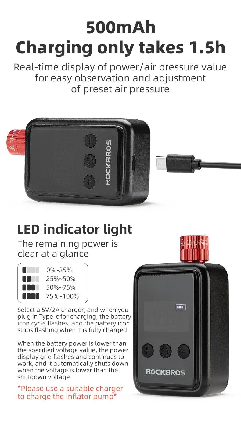ROCKBROS 150 PSI Portable Pocket Bike Electric Air Pump With Digital Pressure MINI Fast Rechargeable Compressor Tire Inflator