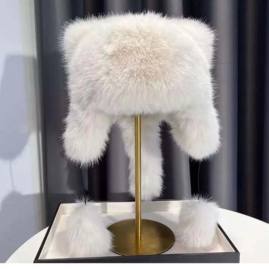 Women Winter Warm Kawaiyi Fox Fur Imitation Mink Plush Hat Thickened Cute Bear Ear plush Lei Feng hat Ear Protection Cosplay Cap