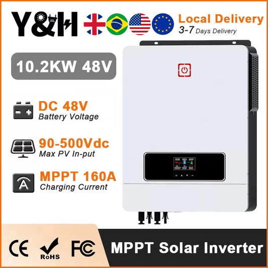 Y&H 10KW Hybrid Solar Inverter 48V 230V 10.2KW On/Off Grid Pure Sine Wave Inverter 2xMPPT 160A Solar Battery Charger BMS WiFi