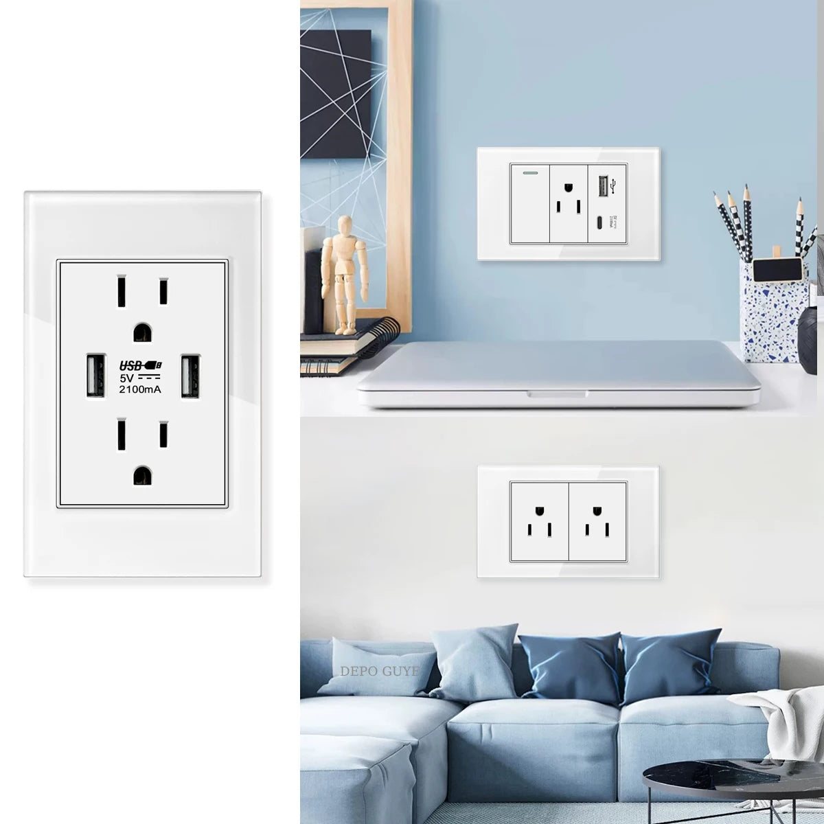 US Wall Switch Power Socket with USB Type-c Quick Charger,American Mexico White Tempered Glass Plug Outlet,Light Switch Panel