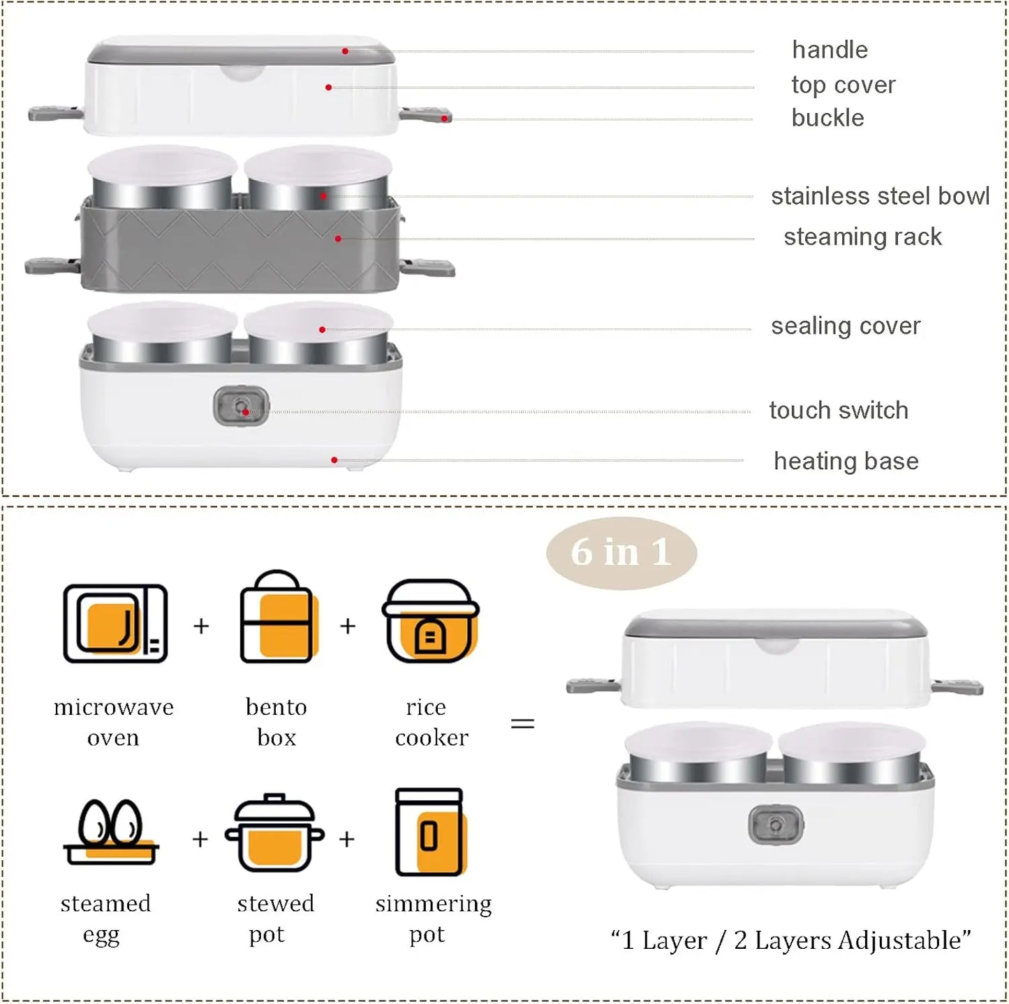 2 Layer 2L Electric Lunch Box Portable Self Cooking Heating Bento Lunch Box Multifunctional Mini Food Storage Warmer Container