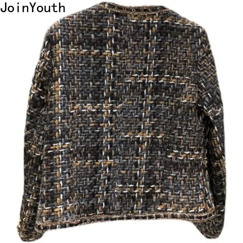 Vintage Jackets 2025 Women Clothing O-neck Long Sleeve Pocket Tweed Temperament Tops Fashion Korean Cropped Coat Y2k Clothes