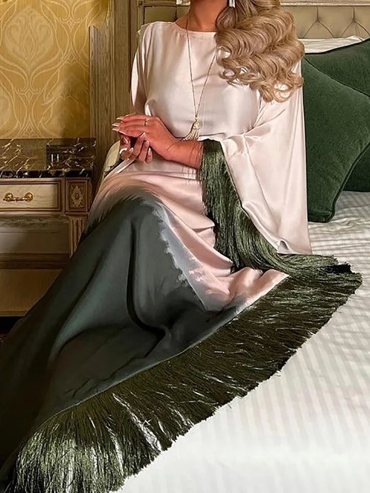 Ramadan Eid Batwing Sleeve Abaya Dubai Luxury 2024 Muslim Maxi Dress Loose Patchwork O Neck Abayas For Women Robe Tassel Vestido