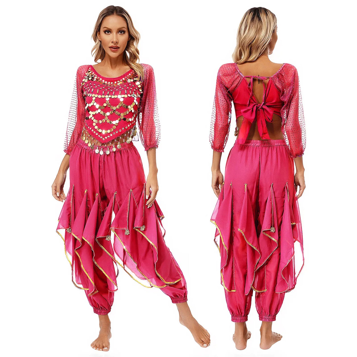 Womens Indian Belly Dance Performance Costume Sequined Long Sleeve Chiffon Tops Self-tie Back Irregular Hem Crop Top with Pants
