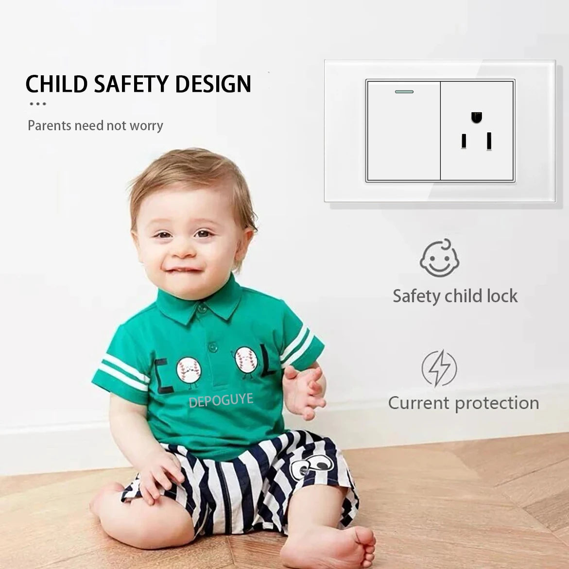 US Wall Switch Power Socket with USB Type-c Quick Charger,American Mexico White Tempered Glass Plug Outlet,Light Switch Panel